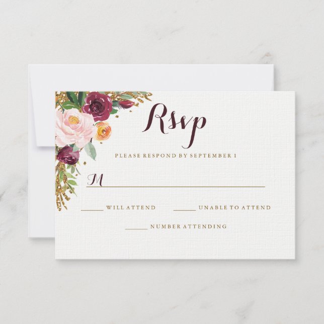 Burgundy Guld Blommig Glitter Bröllop RSVP OSA Kort (Framsida)