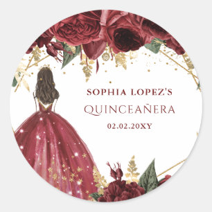 Burgundy Guld Blommig Prinsessa Quinceanera Runt Klistermärke