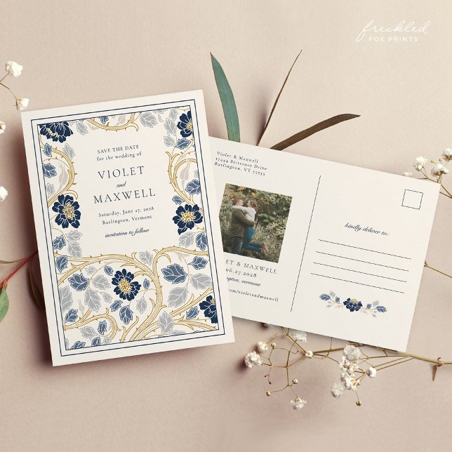 Burgundy Guld Blommig Spara Datum Postkort Vykort (Navy Blue Floral Art Nouveau Save the Date Postcard)