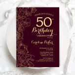 Burgundy Guld Blommigt 50:e Födelsedagsfesten Inbjudningar<br><div class="desc">Burgundy Guld Blommigt 50 Födelsedagsfest inbjudan. Minimalistisk modern marondesign med botaniska konturer av teckning,  faux guld-folie och typsnitt för typsnitt. Enkel inbjudan-kortsperfekt för trendig för en snyggt kvinna på dagen firande. Kan anpassas till vilken ålder som helst. Skrivna Zazzle-inbjudningar eller digital utskrivbar mall för omedelbar nedladdning.</div>