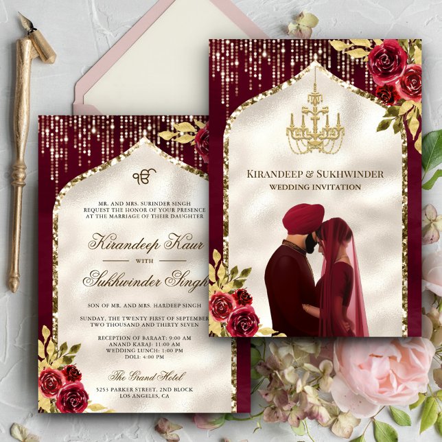 Burgundy Guld Blommigt Anand Karaj Sikh Bröllop Inbjudningar (Skapare uppladdad)