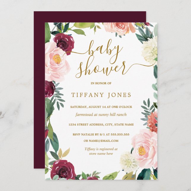  Burgundy Guld Blommigt Baby Shower Inbjudan (Fram/baksida)