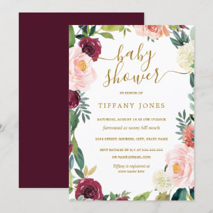  Burgundy Guld Blommigt Baby Shower Inbjudan