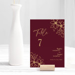 Burgundy Guld Blommigt Bröllop Bordsnummer-kort Bordsnummer<br><div class="desc">Det här burglösa bordsnumret bröllop blommigt i guld har en fantastisk sofistikerad bakgrund av mörken merlot, med kalligrafi av elegant guld och guldfärgade blommigtar. Den smyckentonsliknande färg-historien och den gyllene botaniska boho-konturen tillsammans med ett minimalt känsligt skript skapar en regal och romantisk modern estetik som strejkor en perfekt balans mellan...</div>