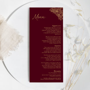 Burgundy Guld Blommigt Bröllop Flat Menu Meny