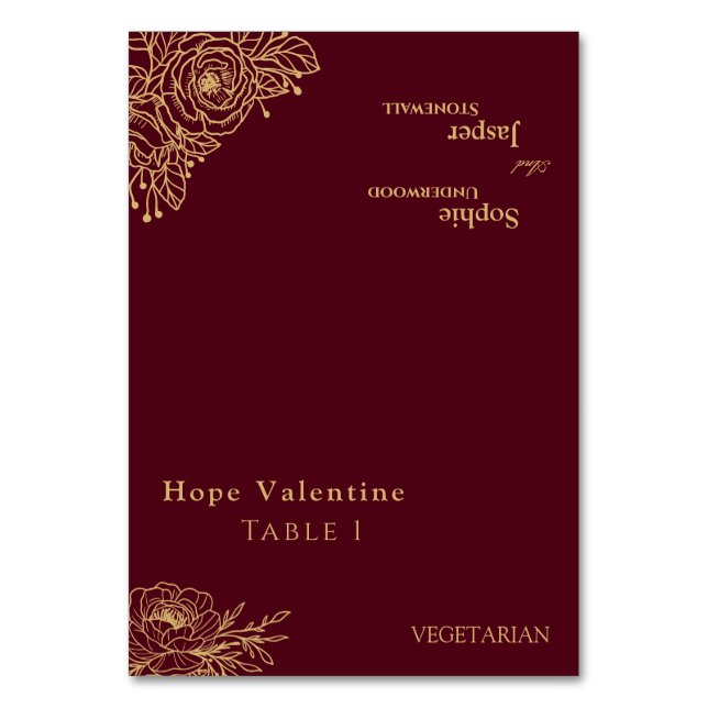 Burgundy Guld Blommigt Bröllop-mappat platskort fö Bordsnummer (Framsidan)