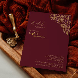 Burgundy Guld Blommigt Bröllop Möhippa Inbjudningar