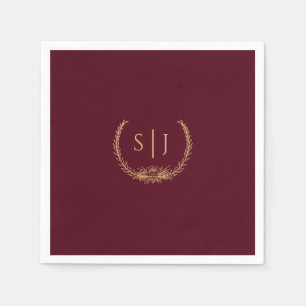 Burgundy Guld Blommigt Bröllop Monogram Napkin Pappersservett