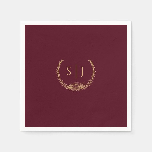 Burgundy Guld Blommigt Bröllop Monogram Napkin Pappersservett (Framsidan)
