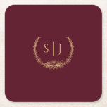 Burgundy Guld Blommigt Bröllop Monogram Underlägg Papper Kvadrat<br><div class="desc">Den här burgniga bröllop blommigt-monokulära pappra underlägg har en fantastisk sofistikerad bakgrund av merlot-mörkar med kalligrafi av elegant guld och guldfärgade guld. Den smyckentonsliknande färg-historien och den gyllene botaniska boho-konturen tillsammans med ett minimalt känsligt skript skapar en regal och romantisk modern estetik som strejkor en perfekt balans mellan klassisk vintage...</div>