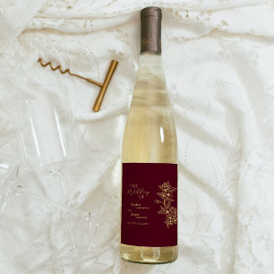 Burgundy Guld Blommigt Bröllop Vin Vinflaska Etikett