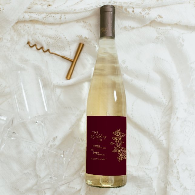 Burgundy Guld Blommigt Bröllop Vin Vinflaska Etikett (Skapare uppladdad)