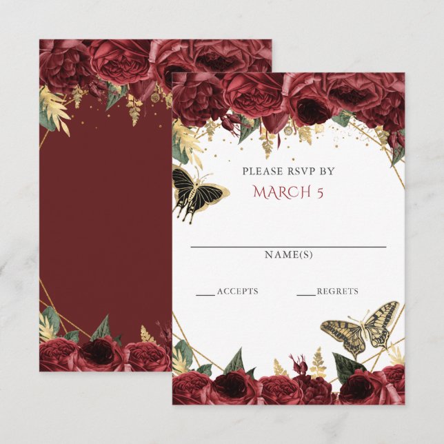 Burgundy Guld Blommigt Butterflies Quinceanera OSA Kort (Fram/baksida)
