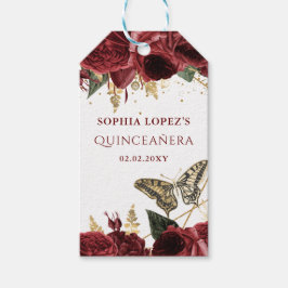 Burgundy Guld Blommigt Butterflies Quinceanera Presentetikett