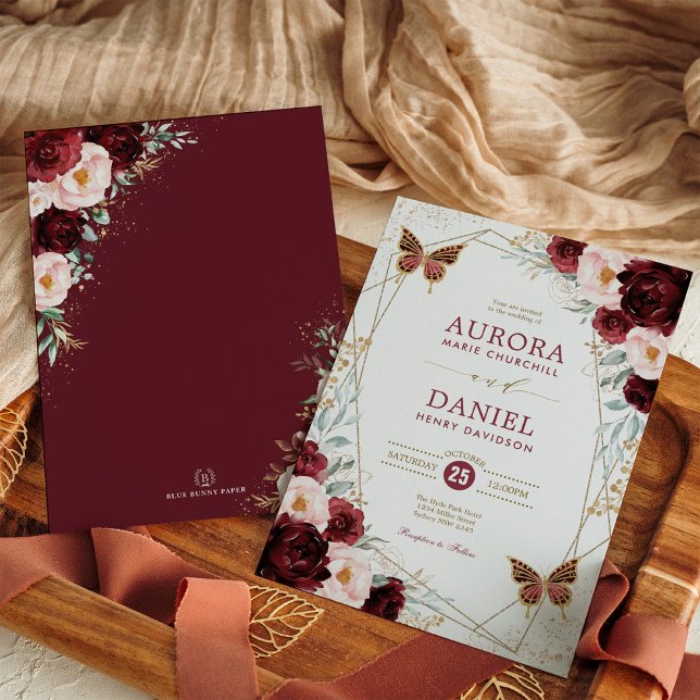 Burgundy  Guld Blommigt Butterfly Bröllop Inbjudningar (Skapare uppladdad)
