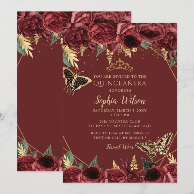 Burgundy Guld Blommigt Butterfly Quinceañera Quinc Inbjudningar (Fram/baksida)