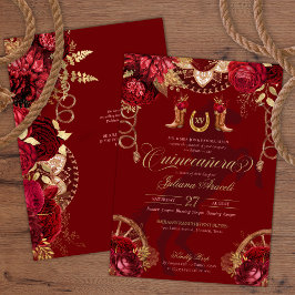 Burgundy & Guld Blommigt Elegant Charro Quinceaner Inbjudningar