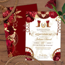Burgundy & Guld Blommigt Elegant Charro Quinceañer
