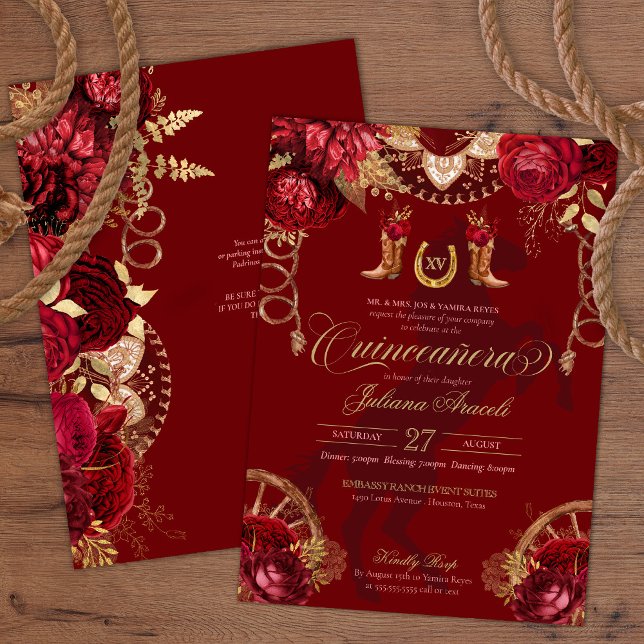 Burgundy & Guld Blommigt Elegant Charro Quinceaner Inbjudningar (Skapare uppladdad)