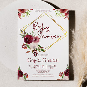 Burgundy Guld Blommigt Flower Ram Baby Shower Inbjudningar