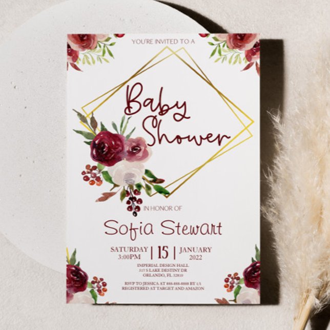 Burgundy Guld Blommigt Flower Ram Baby Shower Inbjudningar (Skapare uppladdad)