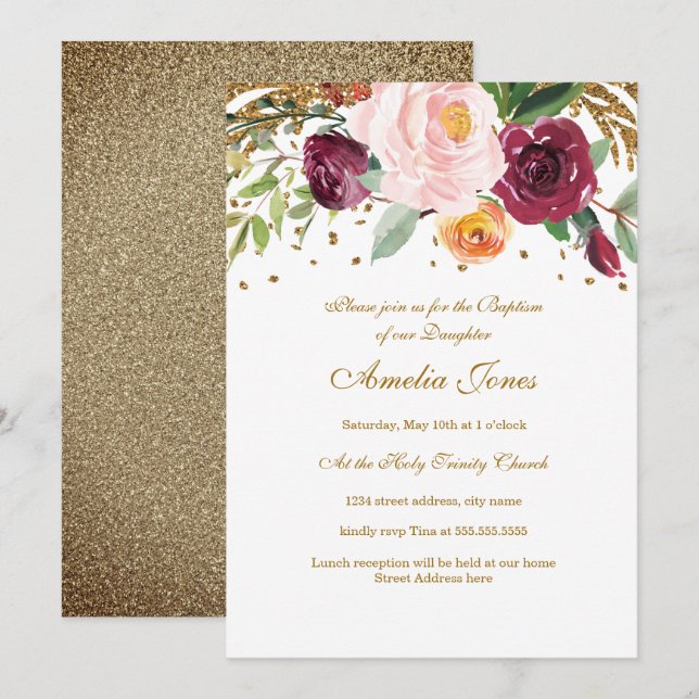Burgundy  Guld Blommigt Glitter-baptism Inbjudningar (Fram/baksida)