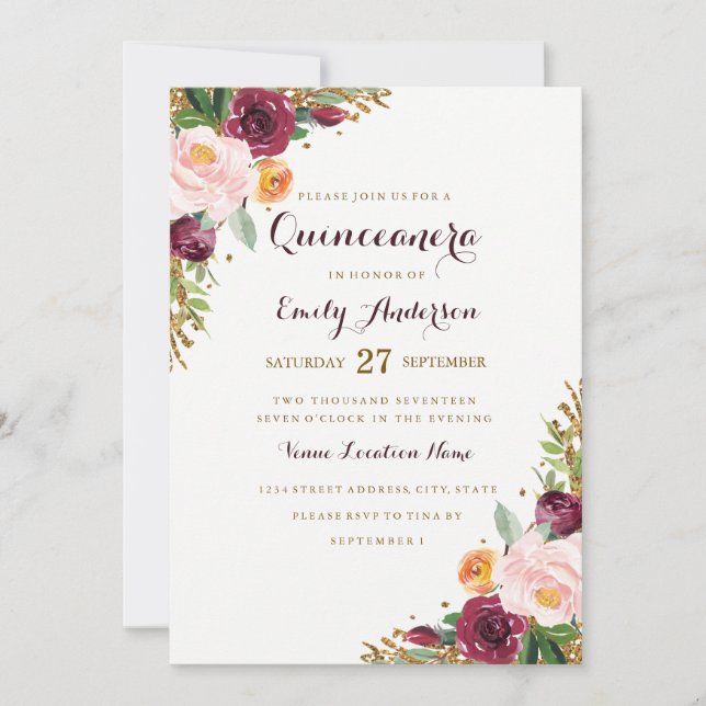 Burgundy Guld Blommigt Glitter Quinceanera Card Inbjudningar (Framsida)