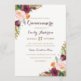 Burgundy Guld Blommigt Glitter Quinceanera Card Inbjudningar