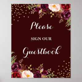 Burgundy Guld Blommigt Guestbook Bröllop-tecken Poster