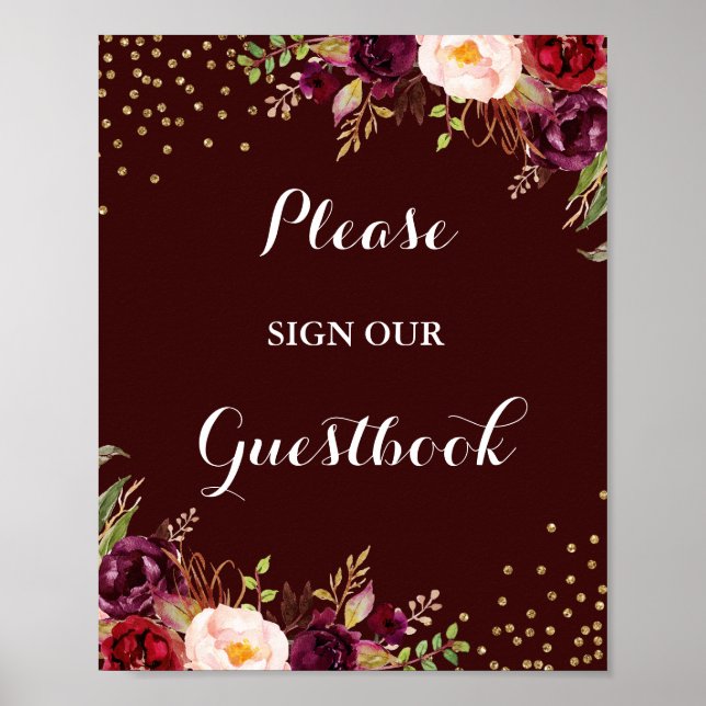 Burgundy Guld Blommigt Guestbook Bröllop-tecken Poster (Framsidan)