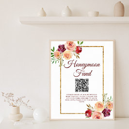 Burgundy Guld Blommigt hösten Bröllop Honeymoon-fo Poster