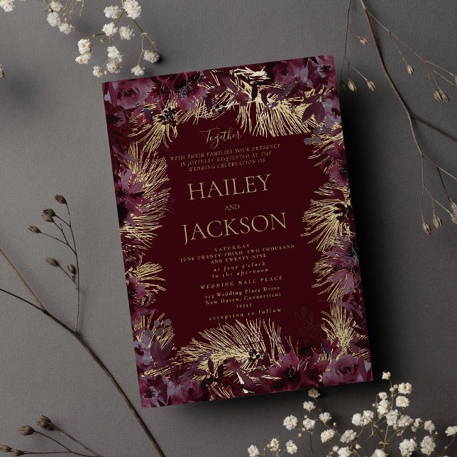 Burgundy guld blommigt  lyx bröllop inbjudningar (Burgundy gold watercolor floral luxury wedding invitation )