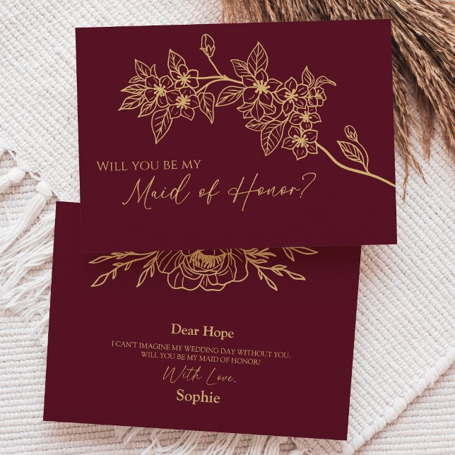 Burgundy Guld Blommigt Maid of honor Frieri kort (Skapare uppladdad)