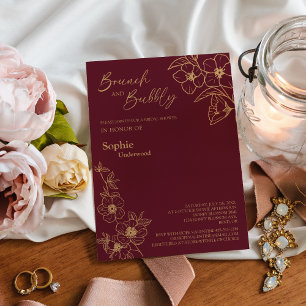 Burgundy Guld Blommigt Möhippa Brunch och Bubly Inbjudningar