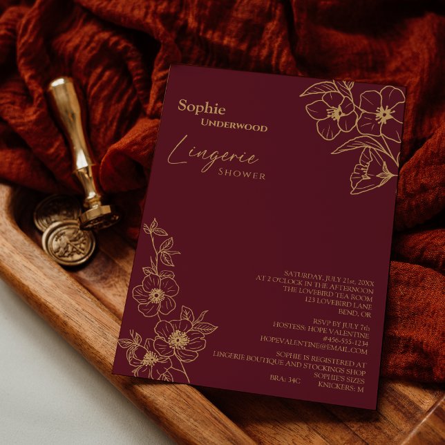 Burgundy Guld Blommigt Möhippa Lingerie Shower Inbjudningar (Skapare uppladdad)