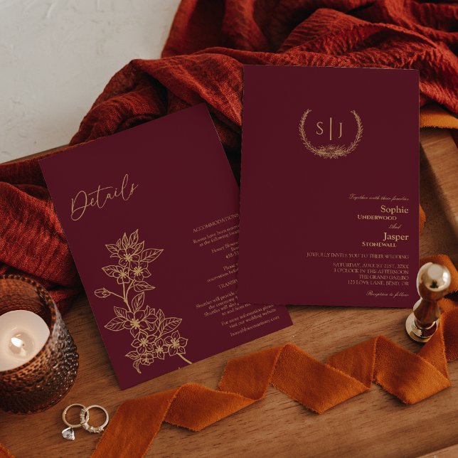 Burgundy Guld Blommigt Monogram allt i ett Bröllop Inbjudningar (Skapare uppladdad)