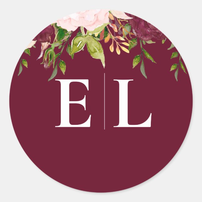 Burgundy  Guld Blommigt Monogram Bröllop Runt Klistermärke (Framsida)