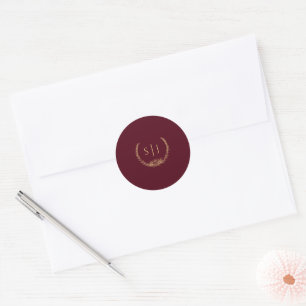 Burgundy Guld Blommigt Monogram Bröllop Sticker Runt Klistermärke