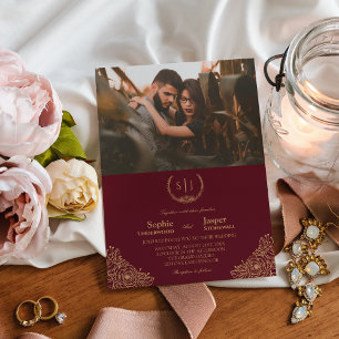 Burgundy Guld Blommigt Monogram Formell Photo Bröl Inbjudningar