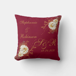 Burgundy Guld Blommigt Monogram Logotyp Bröllop Kudde