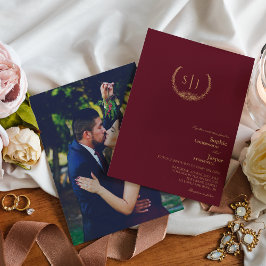 Burgundy Guld Blommigt Monogram Photo Bröllop Inbjudningar