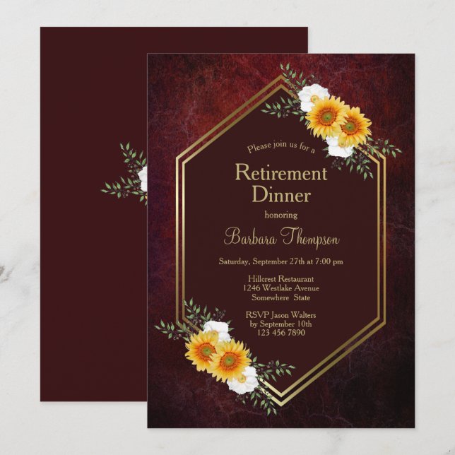 Burgundy Guld Blommigt Pension Middag Party Inbjudningar (Fram/baksida)