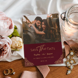 Burgundy Guld Blommigt Photo Save Date Card Spara Datumet
