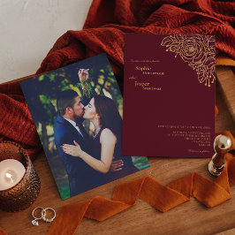 Burgundy Guld Blommigt Photo Wedding bjudande in Inbjudningar