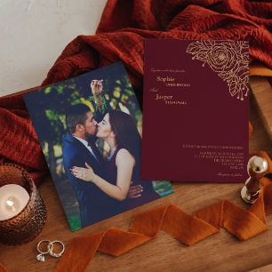 Burgundy Guld Blommigt Photo Wedding bjudande in Inbjudningar