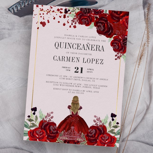 Burgundy Guld Blommigt Princess Birthday Quinceane Inbjudningar (Skapare uppladdad)