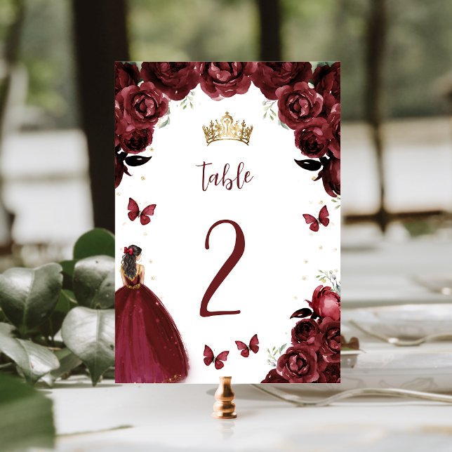 Burgundy Guld Blommigt Princess Quinceañera Bordsnummer (Skapare uppladdad)