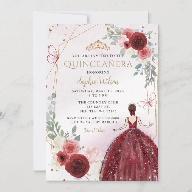 Burgundy Guld Blommigt Princess Quinceañera Inbjudningar (Framsida)