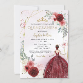 Burgundy Guld Blommigt Princess Quinceañera Inbjudningar