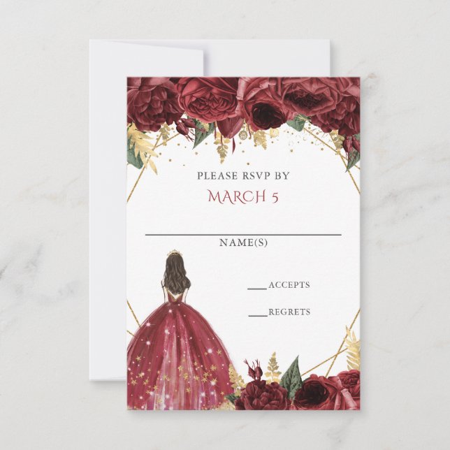 Burgundy Guld Blommigt Princess Quinceanera OSA Kort (Framsida)